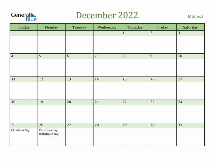 December 2022 Calendar with Malawi Holidays