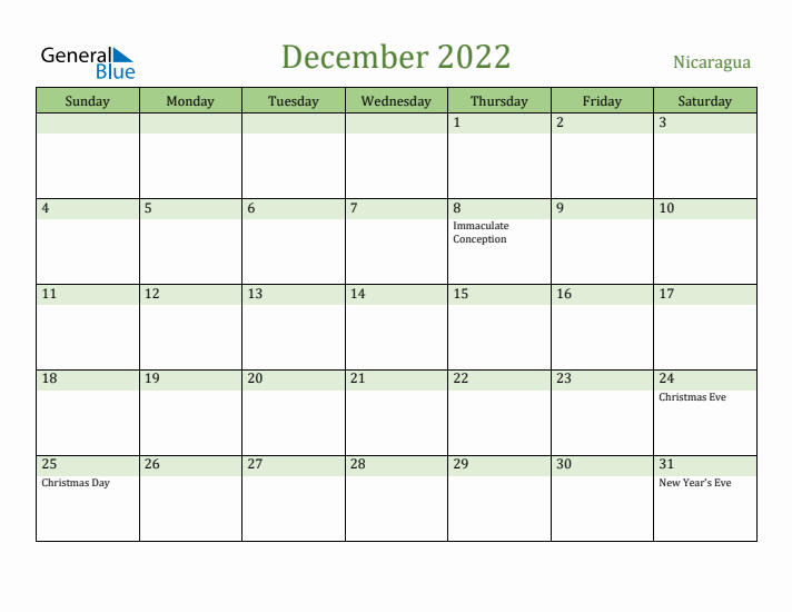 December 2022 Calendar with Nicaragua Holidays