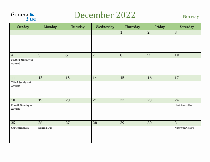 December 2022 Calendar with Norway Holidays