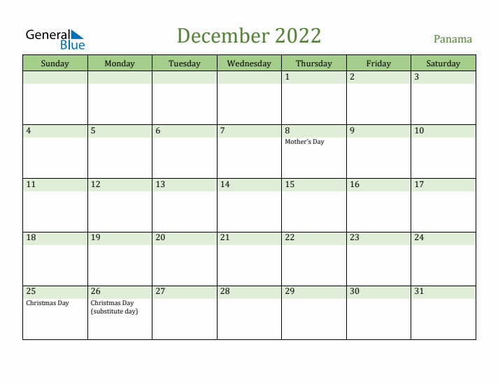 December 2022 Calendar with Panama Holidays