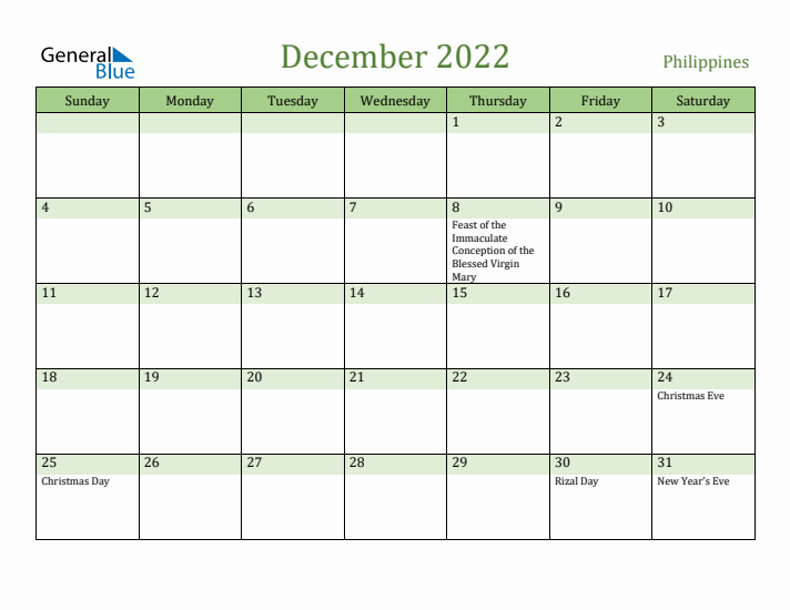 December 2022 Calendar with Philippines Holidays