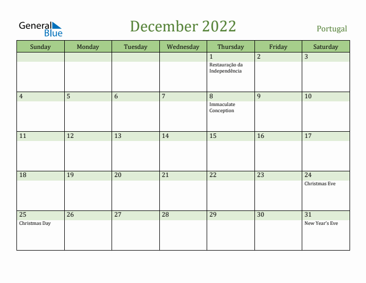 December 2022 Calendar with Portugal Holidays