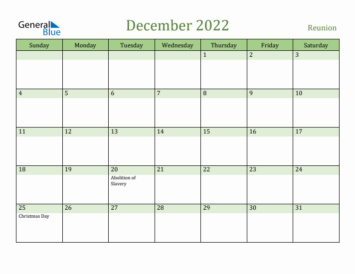 December 2022 Calendar with Reunion Holidays
