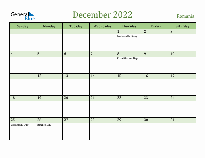 December 2022 Calendar with Romania Holidays