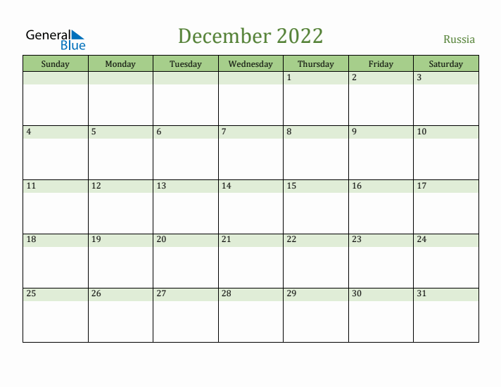 December 2022 Calendar with Russia Holidays