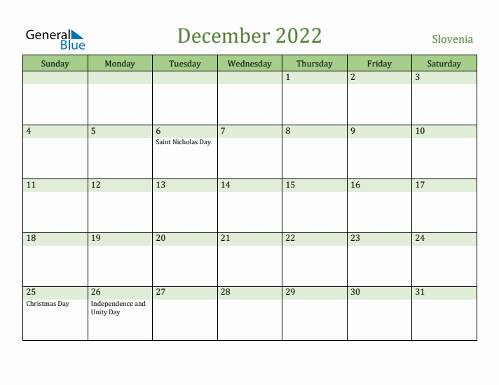 December 2022 Calendar with Slovenia Holidays
