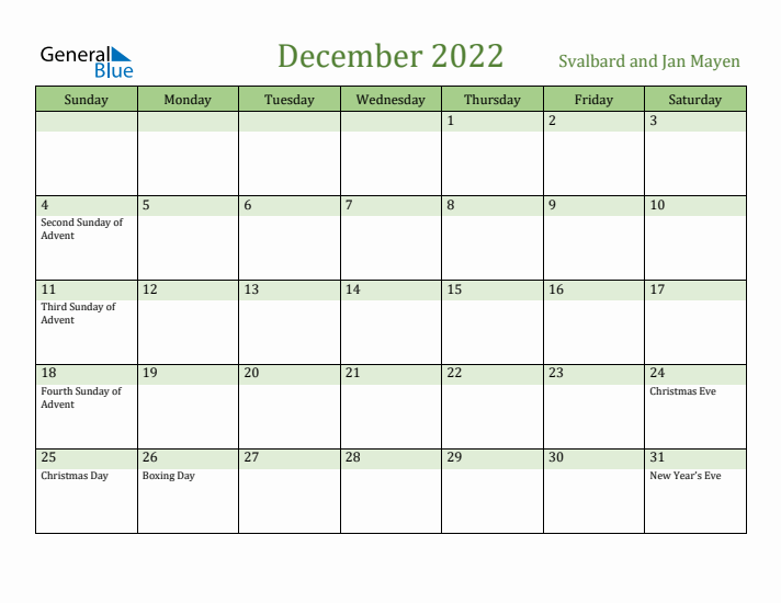 December 2022 Calendar with Svalbard and Jan Mayen Holidays