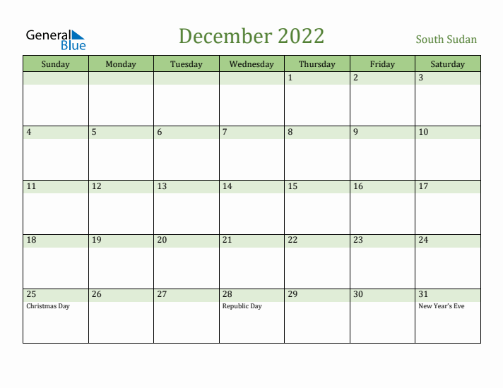 December 2022 Calendar with South Sudan Holidays