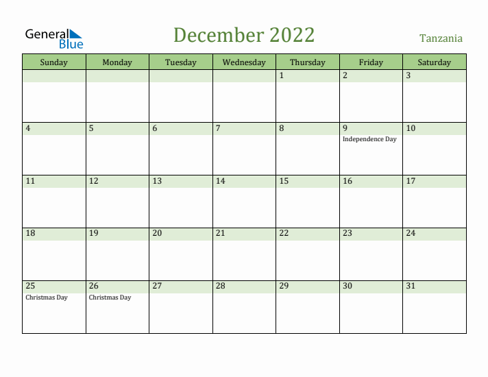 December 2022 Calendar with Tanzania Holidays