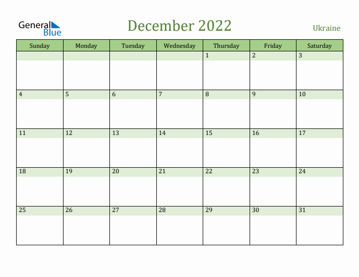 December 2022 Calendar with Ukraine Holidays