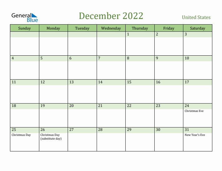 December 2022 Calendar with United States Holidays