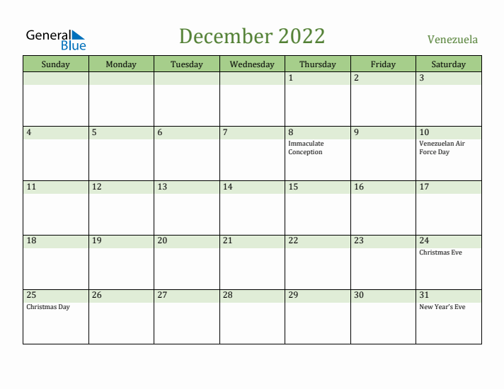 December 2022 Calendar with Venezuela Holidays