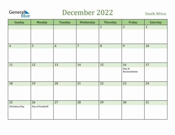 December 2022 Calendar with South Africa Holidays