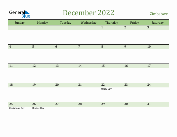 December 2022 Calendar with Zimbabwe Holidays