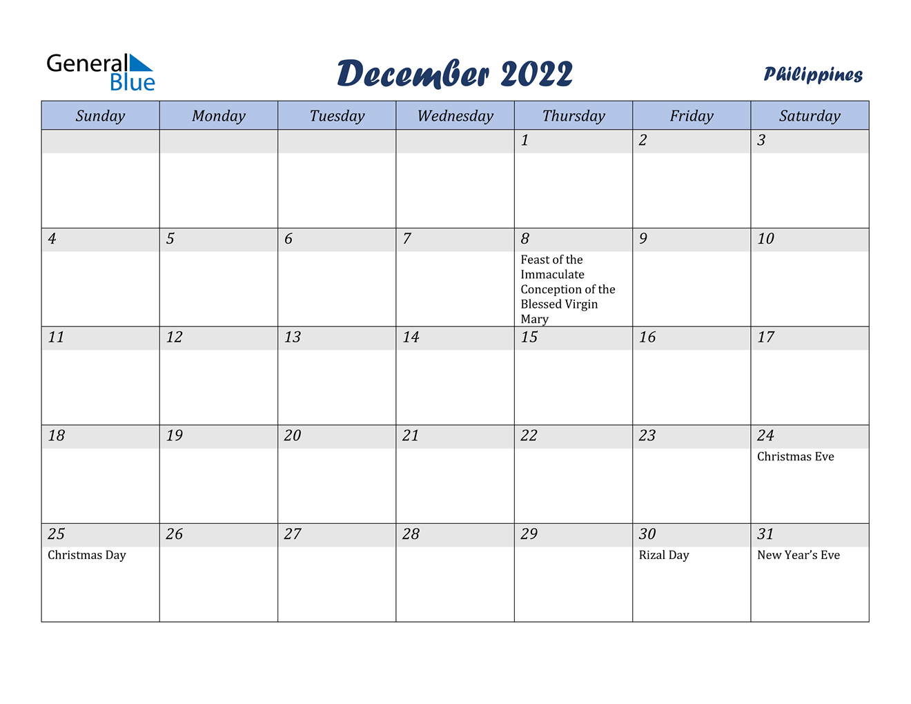 December 2022 Calendar - Philippines