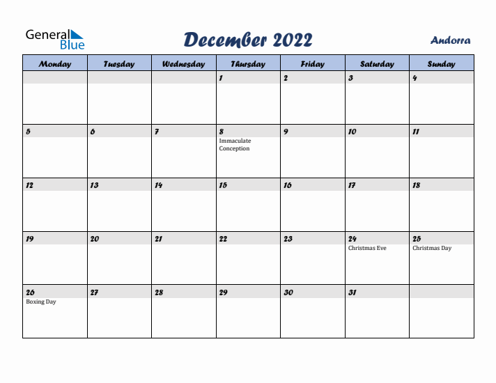 December 2022 Calendar with Holidays in Andorra