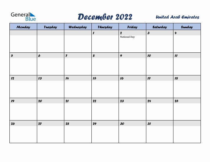 December 2022 Calendar with Holidays in United Arab Emirates