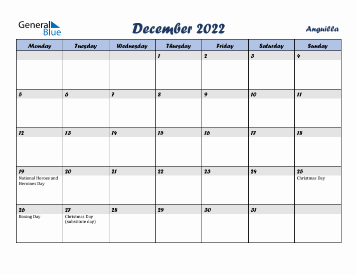 December 2022 Calendar with Holidays in Anguilla