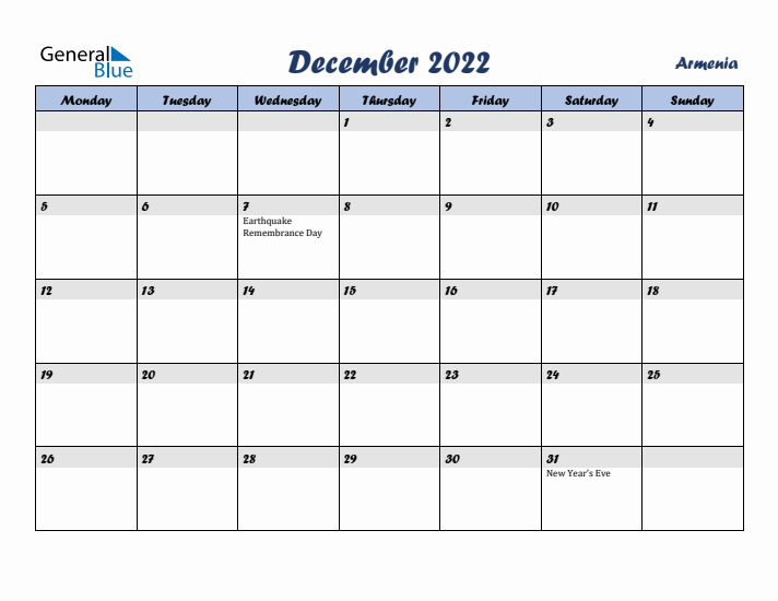 December 2022 Calendar with Holidays in Armenia