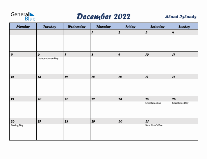 December 2022 Calendar with Holidays in Aland Islands