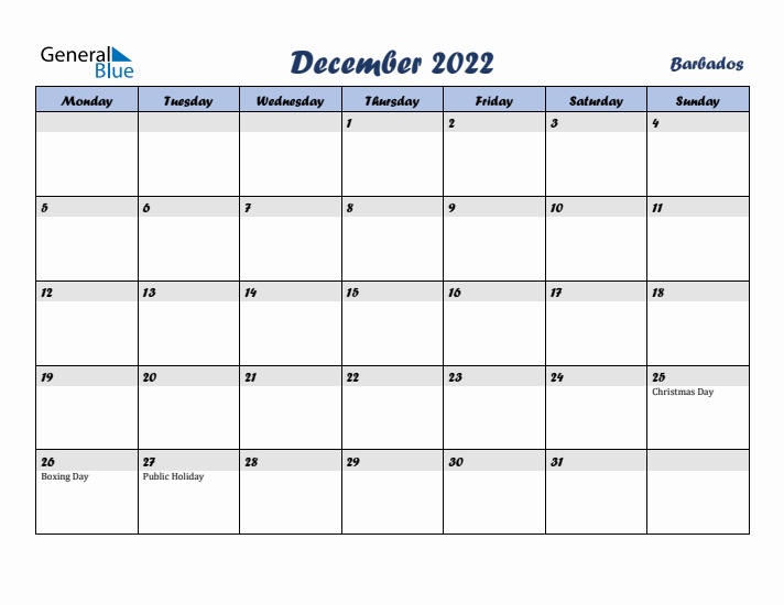 December 2022 Calendar with Holidays in Barbados