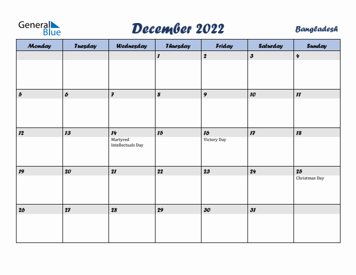 December 2022 Calendar with Holidays in Bangladesh