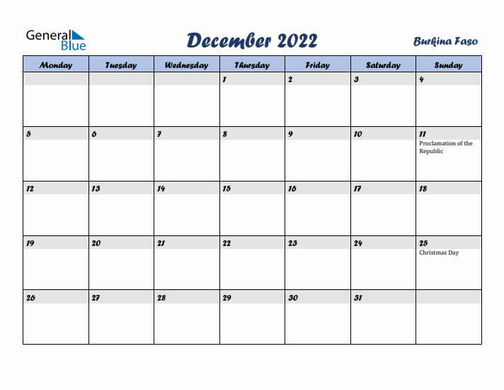 December 2022 Calendar with Holidays in Burkina Faso