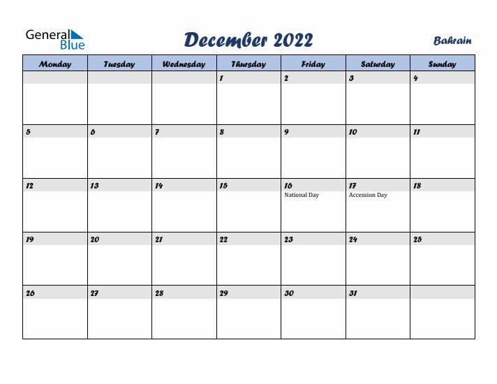 December 2022 Calendar with Holidays in Bahrain