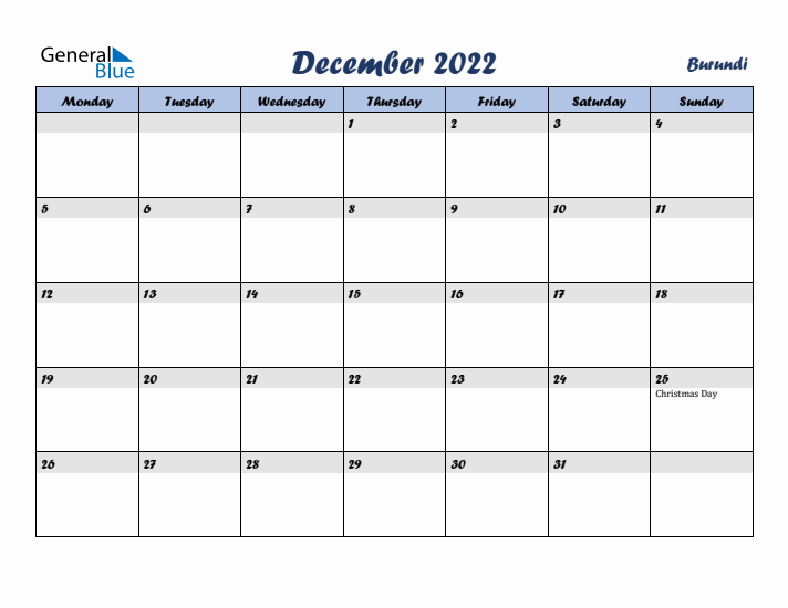 December 2022 Calendar with Holidays in Burundi