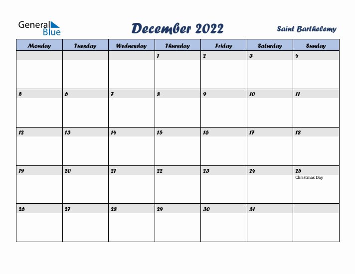 December 2022 Calendar with Holidays in Saint Barthelemy