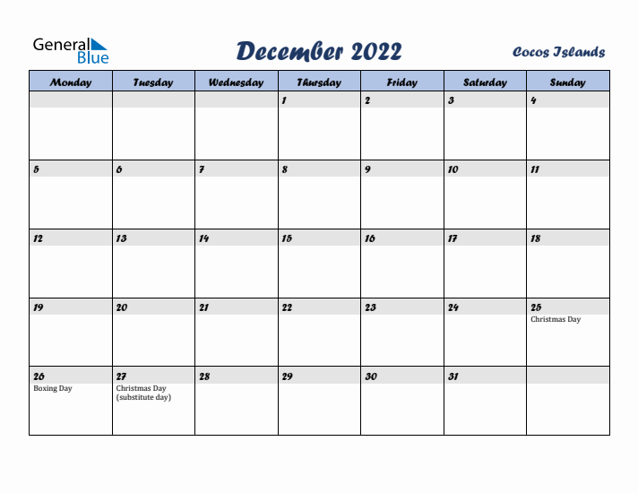 December 2022 Calendar with Holidays in Cocos Islands