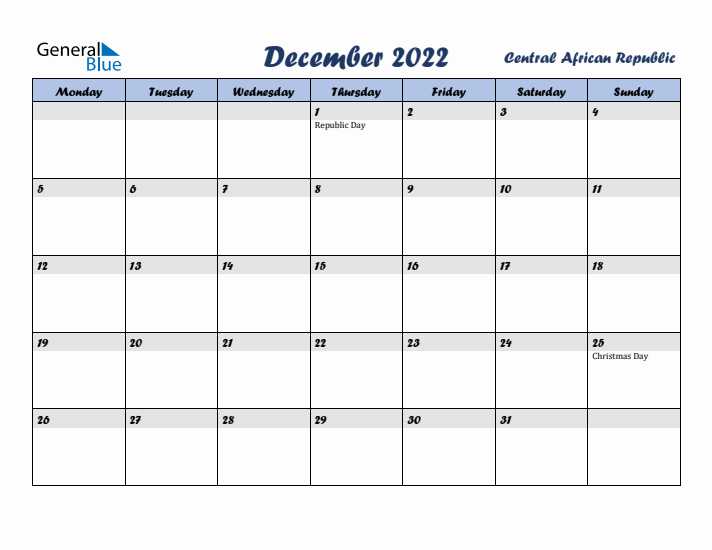 December 2022 Calendar with Holidays in Central African Republic
