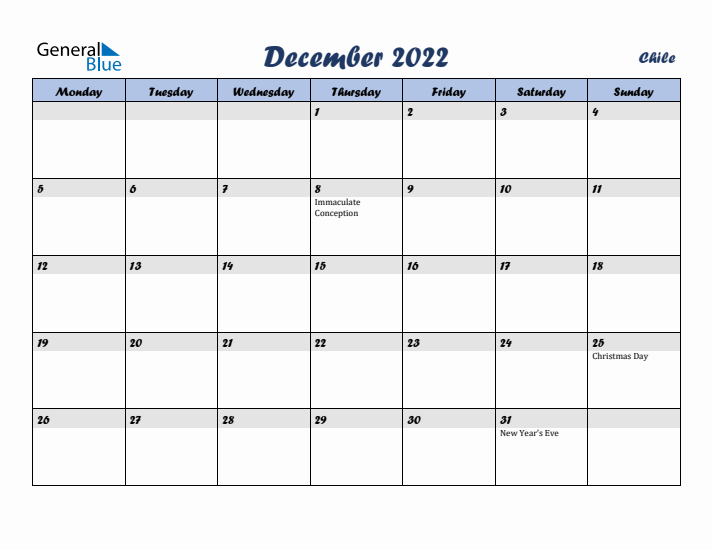 December 2022 Calendar with Holidays in Chile
