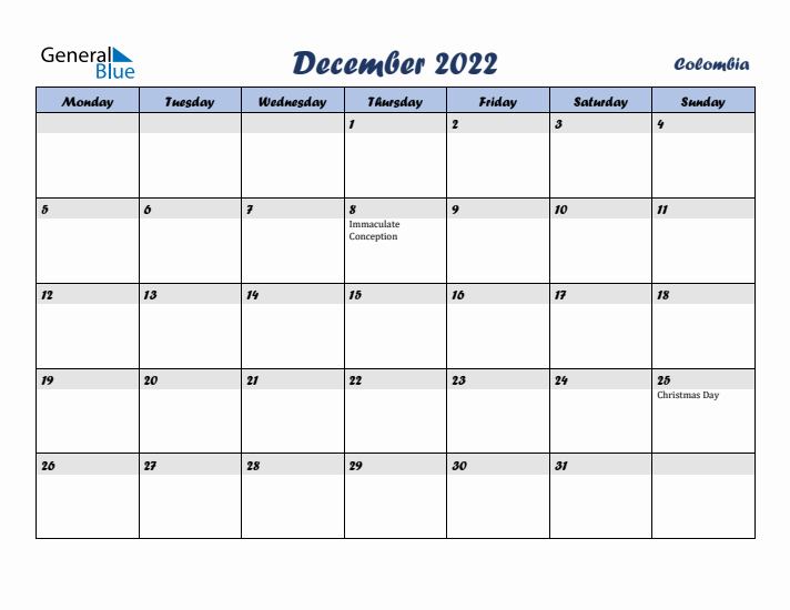 December 2022 Calendar with Holidays in Colombia