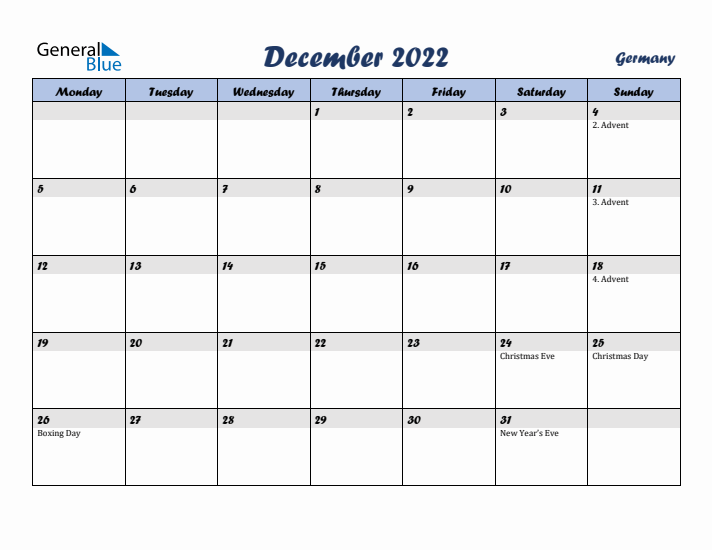 December 2022 Calendar with Holidays in Germany
