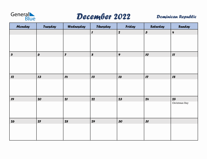 December 2022 Calendar with Holidays in Dominican Republic