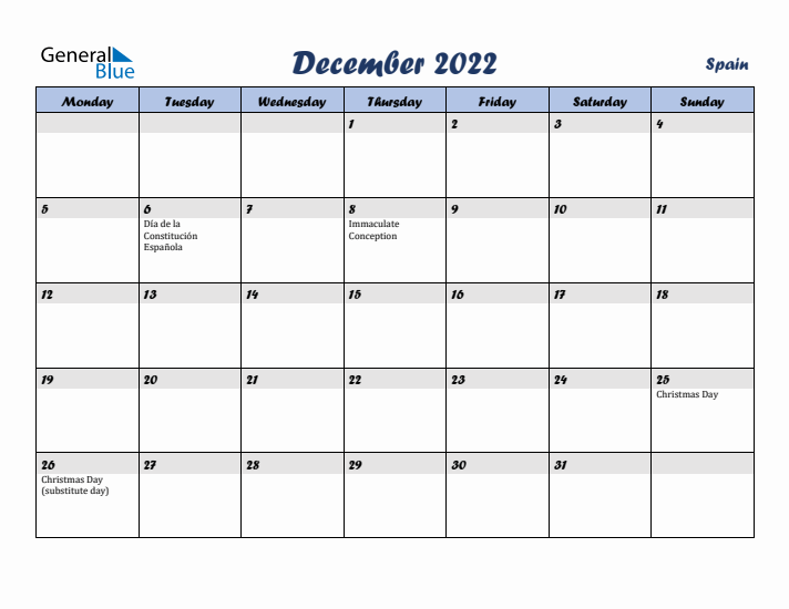 December 2022 Calendar with Holidays in Spain