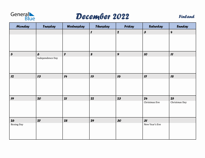 December 2022 Calendar with Holidays in Finland
