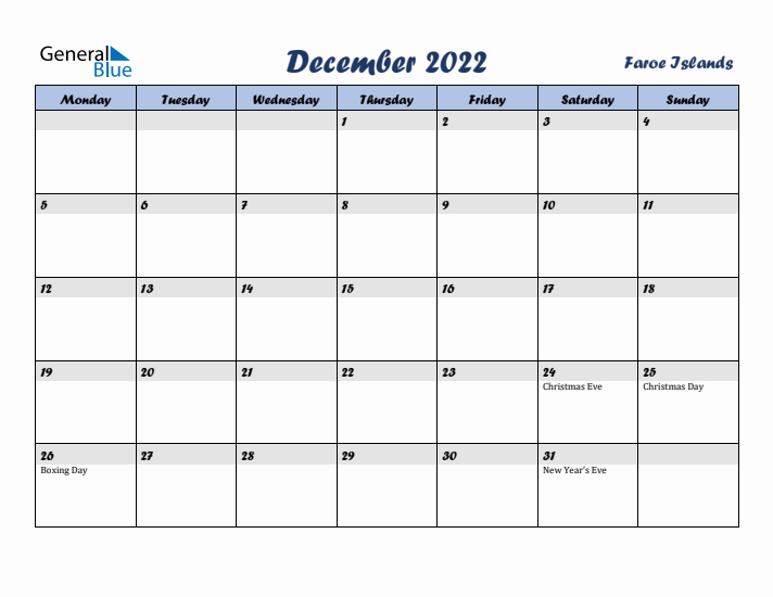 December 2022 Calendar with Holidays in Faroe Islands