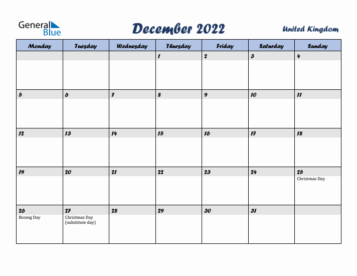 December 2022 Calendar with Holidays in United Kingdom