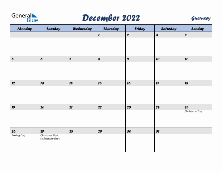 December 2022 Calendar with Holidays in Guernsey