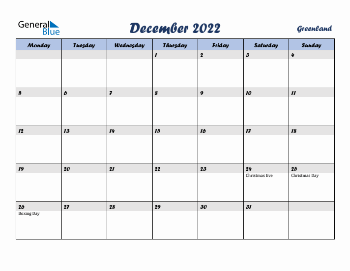 December 2022 Calendar with Holidays in Greenland