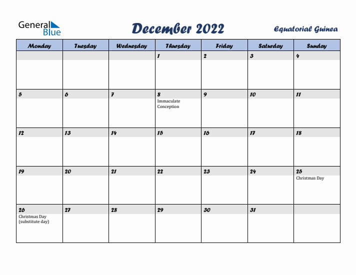 December 2022 Calendar with Holidays in Equatorial Guinea