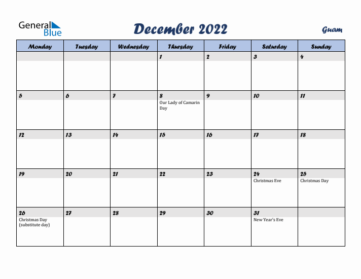 December 2022 Calendar with Holidays in Guam