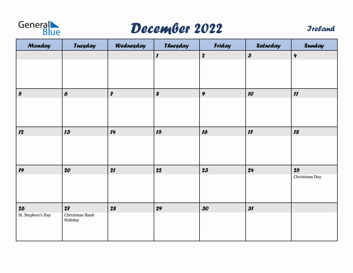 December 2022 Calendar with Holidays in Ireland