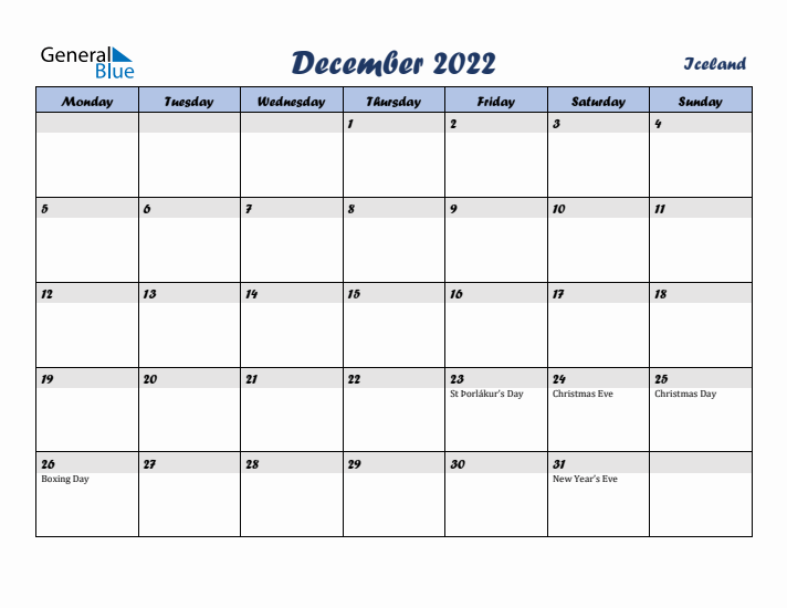 December 2022 Calendar with Holidays in Iceland