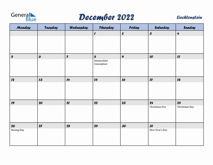 December 2022 Calendar with Holidays in Liechtenstein