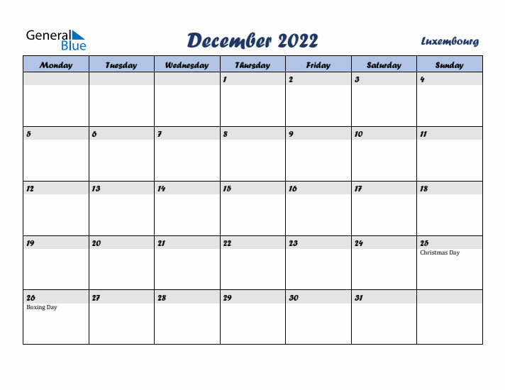 December 2022 Calendar with Holidays in Luxembourg