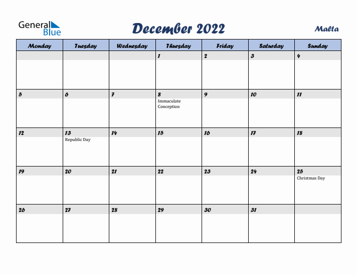 December 2022 Calendar with Holidays in Malta