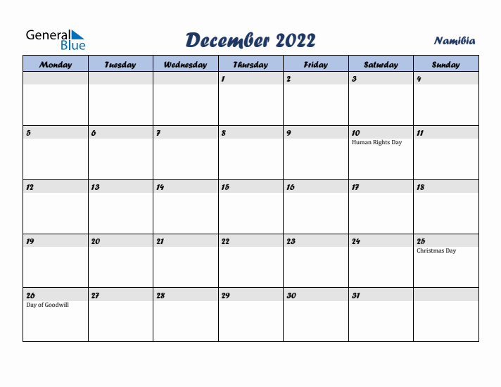 December 2022 Calendar with Holidays in Namibia